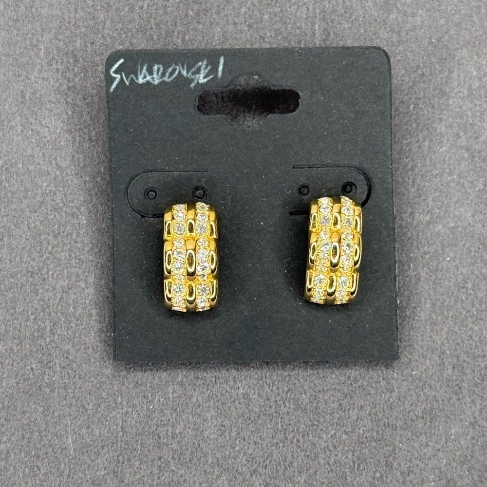 Vintage Swarovski Swan Signed Clip-On Earrings Gold Tone Crystal Pavé 1980s - Picture 3 of 7